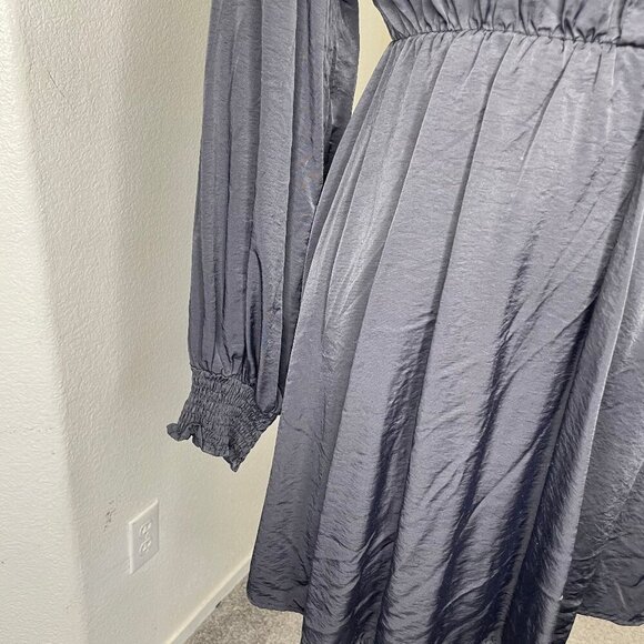 SHEIN Black Shiny High Neck Button Pleated Balloon Ruched Sleeve Dress Zip XL - Picture 5 of 9